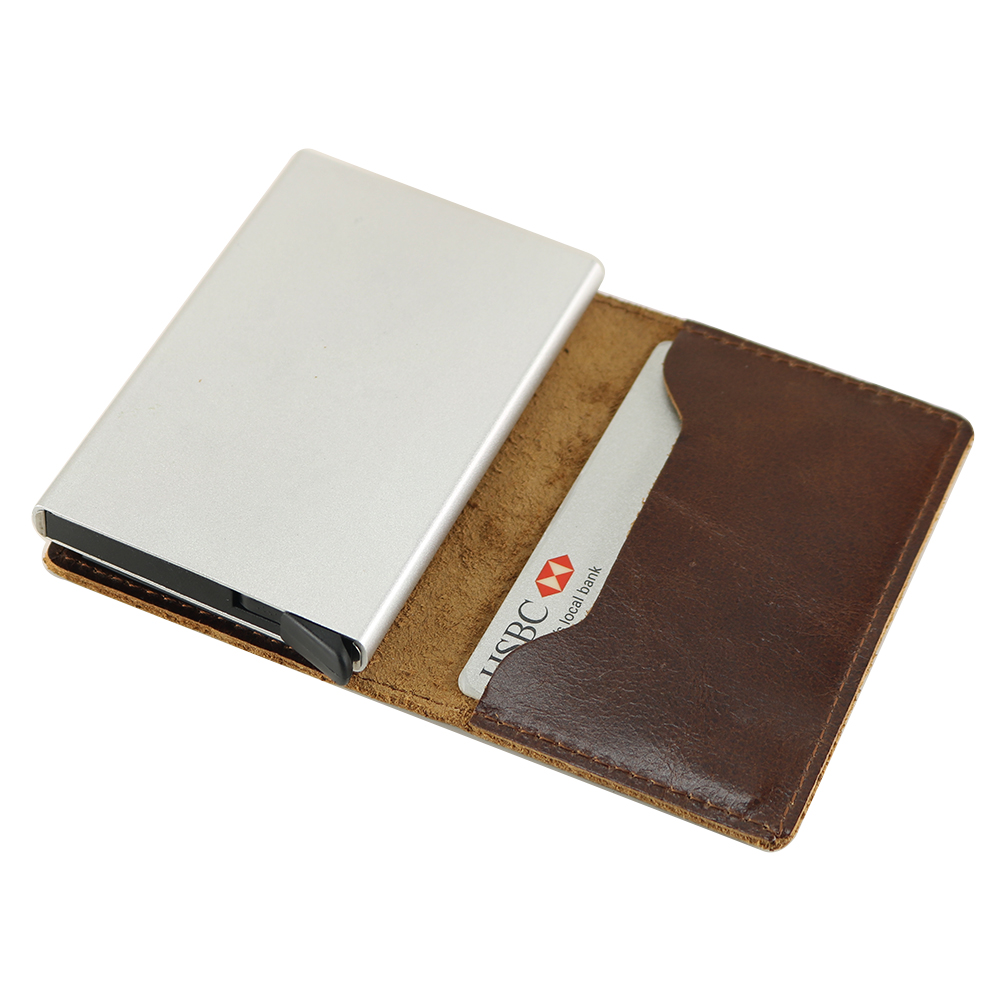 Aluminum Automatic pop-up Card Case PU Leather Travel Wallet 