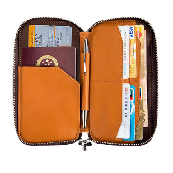 Leather Travel Passport Pouch Bag with Zipper Around 