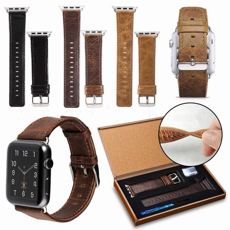 Genuine Leather Smart Watch Band Replacement Strap with Stainless Steel Adapter for Apple Watch 1/2/3/4